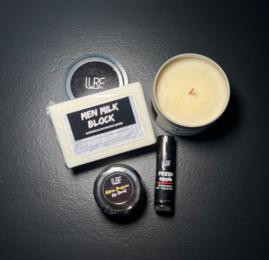 LURE by Shiv: Men Cleanser | Lip Scrub | Lip Balm | Soy Candle Gift Set