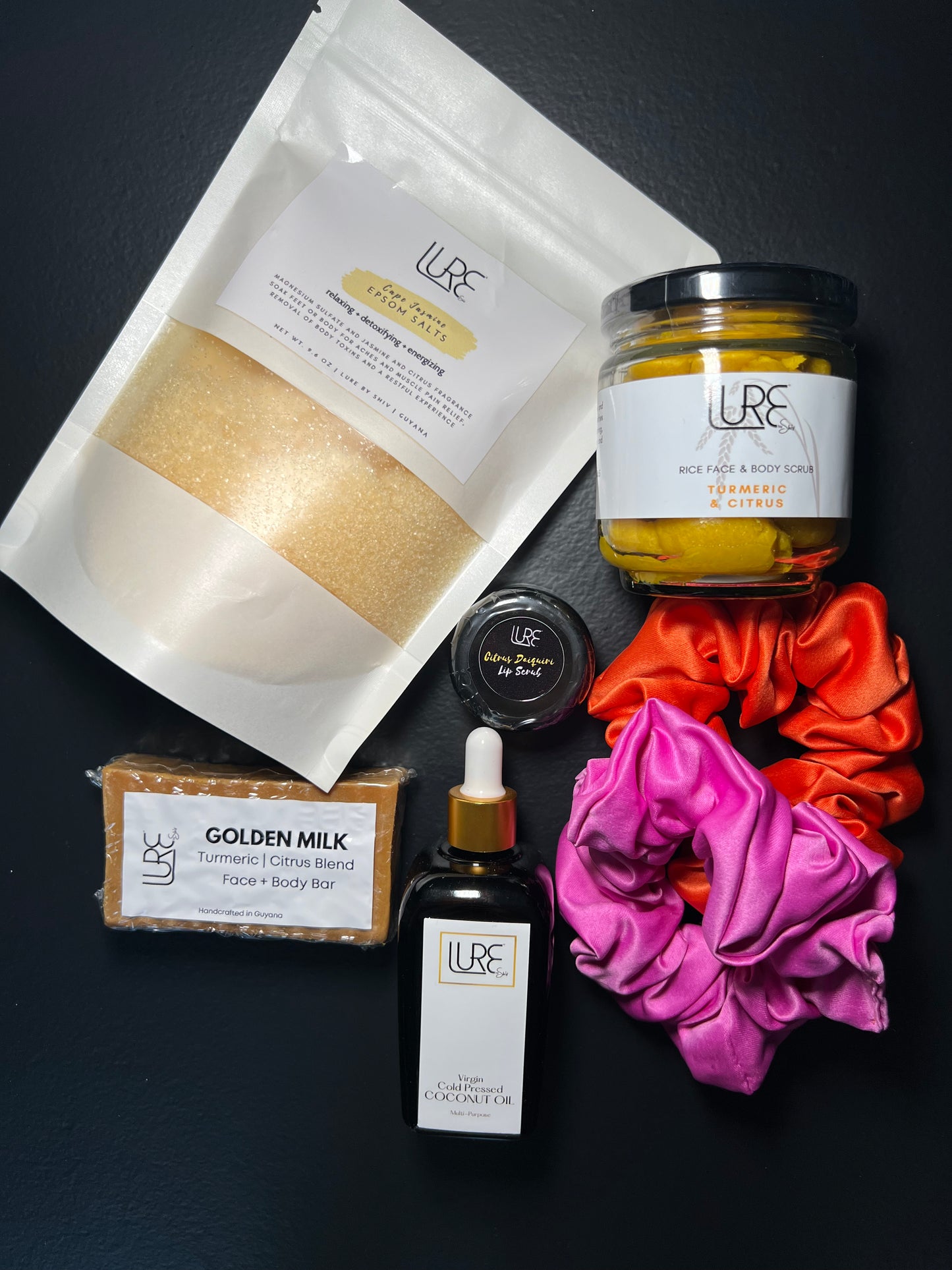 LURE by Shiv: Rice Scrub | Cleanser | Lip Scrub | Hair Scrunchies | Coconut Oil | Epsom Salt