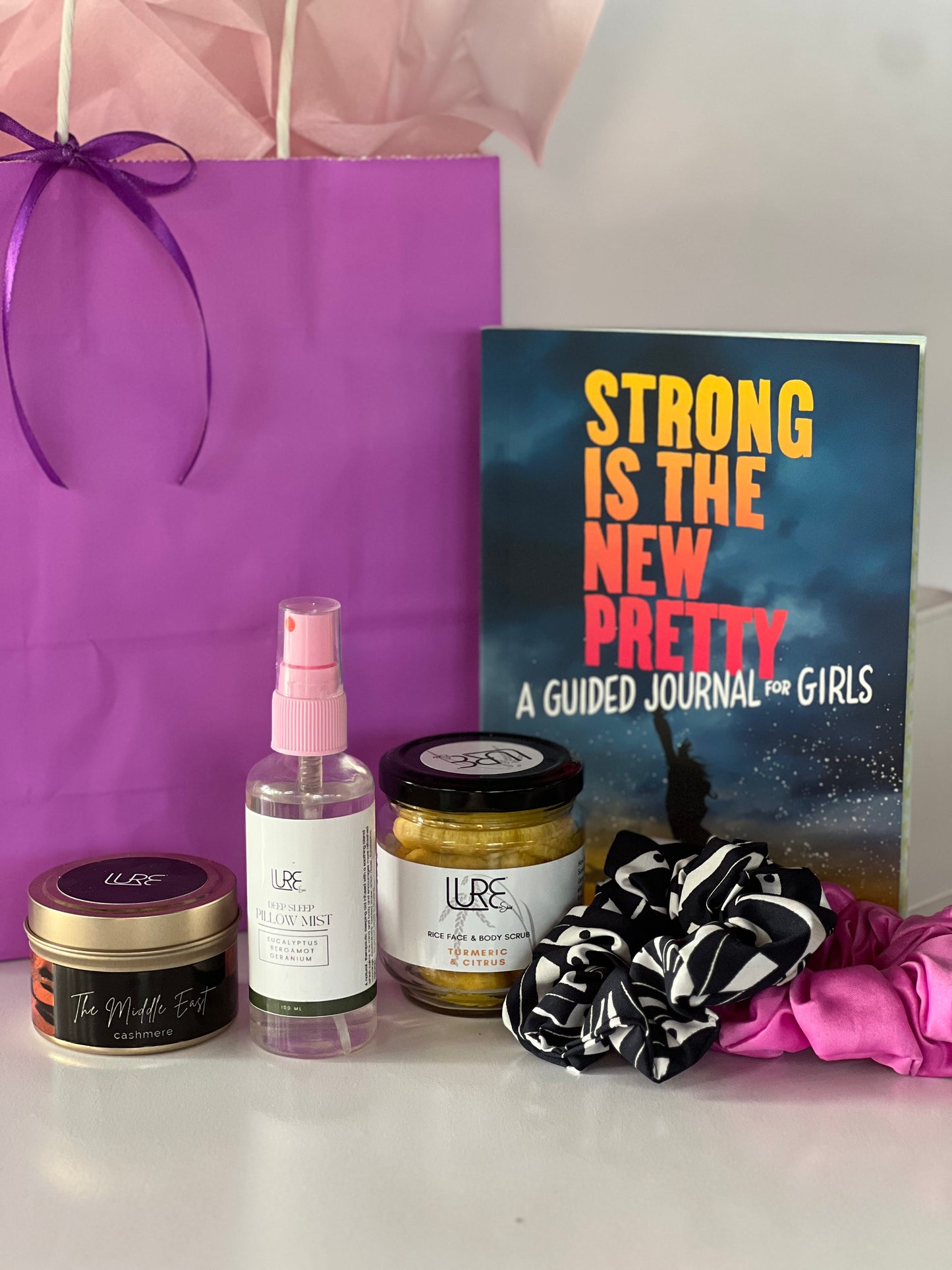 LURE BY SHIV: Journal | Rice Scrub | Candle | Hair Scrunchies | Pillow Mist